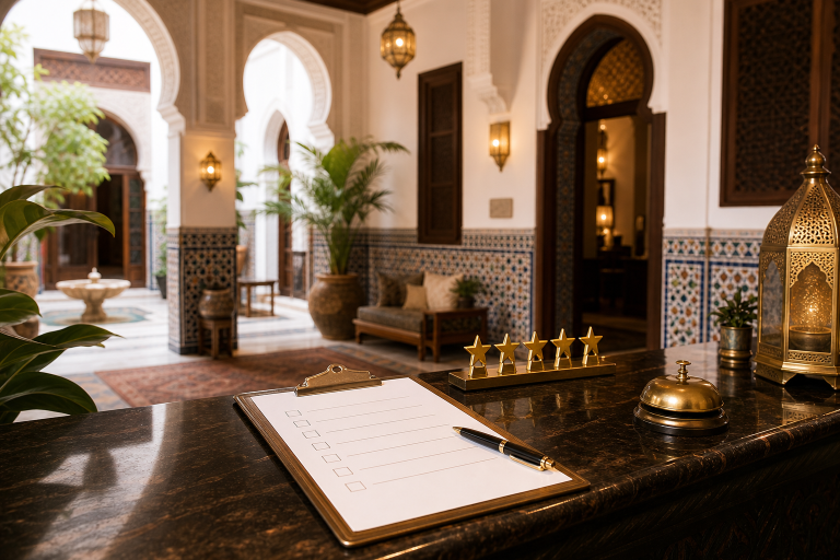 Réception d’hôtel marocain illustrant les nouvelles normes de classement des établissements touristiques
